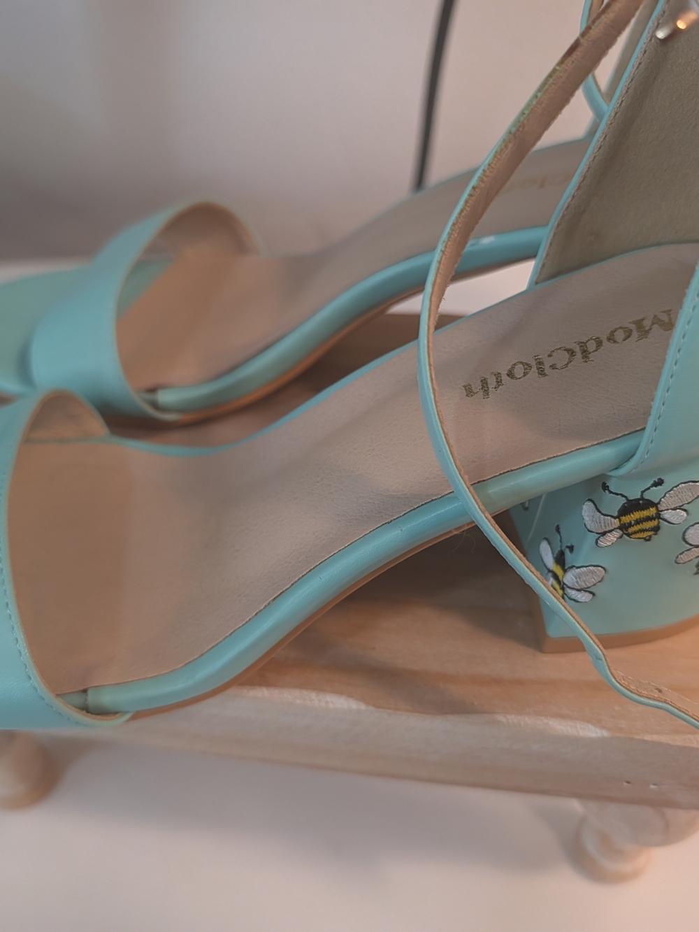 ModCloth Aqua Block Heel Sandals with Bee Embroidery - Picture 4 of 8